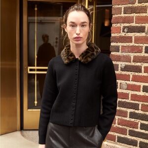 Zara Knit Cardigan with Leopard Faux Fur Collar - Black - Size M